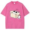 Fashion Cartoon Style Box cat short sleeve men's and women's water wash vintage hip hop casual retro T-shirt