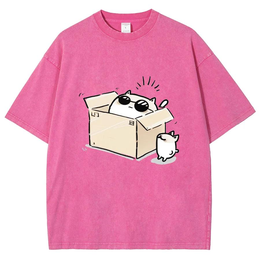 Fashion Cartoon Style Box cat short sleeve men's and women's water wash vintage hip hop casual retro T-shirt