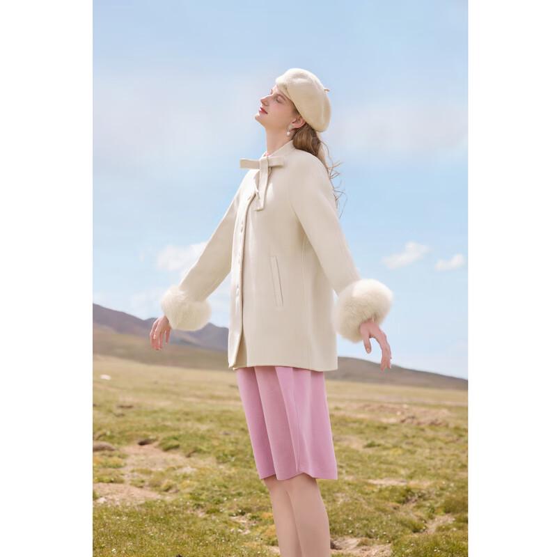 Qiusyiren Women s 2025 Winter 100% Wool Double-faced Coat with Fox Fur Trim M