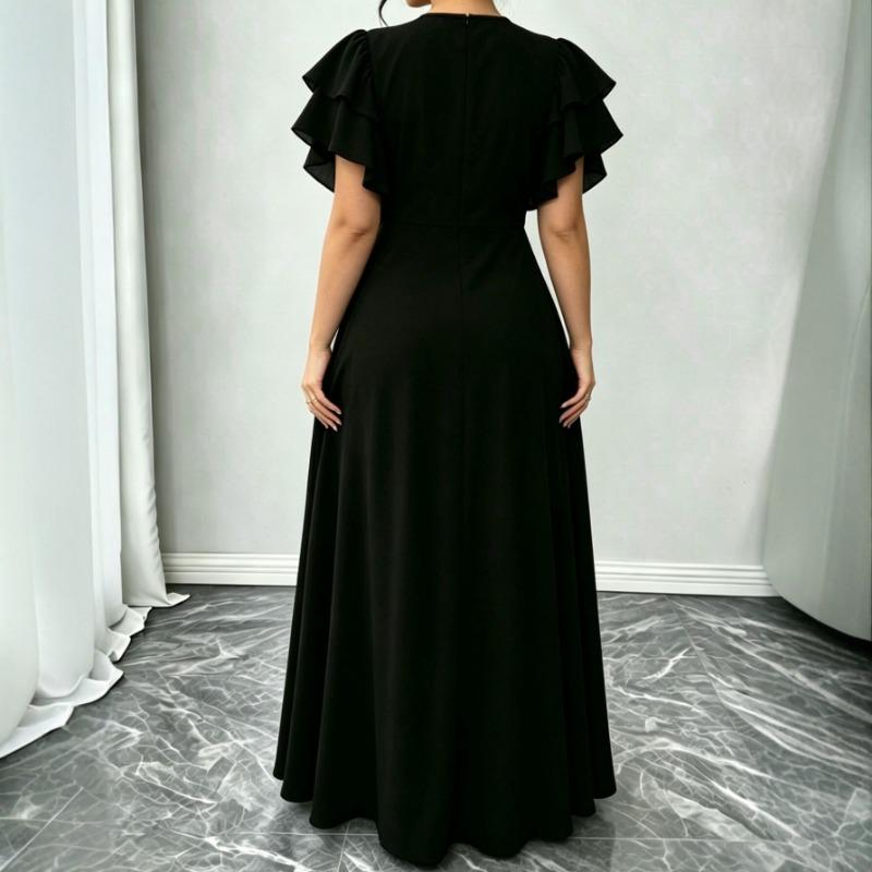 Plus Size Women Summer V Neck Ruffle Sleeve Waisted Slit Solid Midi Dress
