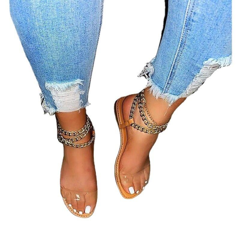 New flat bottom round head metal chain transparent sandals women wear beach sandals outside large size