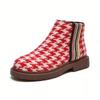 2026 Spring Autumn Women Houndstooth Shoes Ankle Chelsea Boots Flat Red White Side Zipper Brand Ladies Single Boots