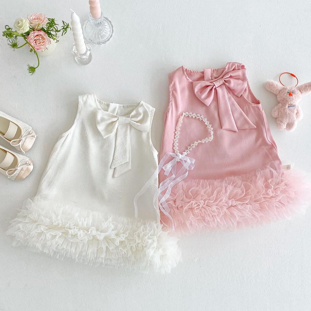 Girls Bowknot Princess Dress Summer Solid Color Tulle Dress Toddler Fashion Outfit for Kids