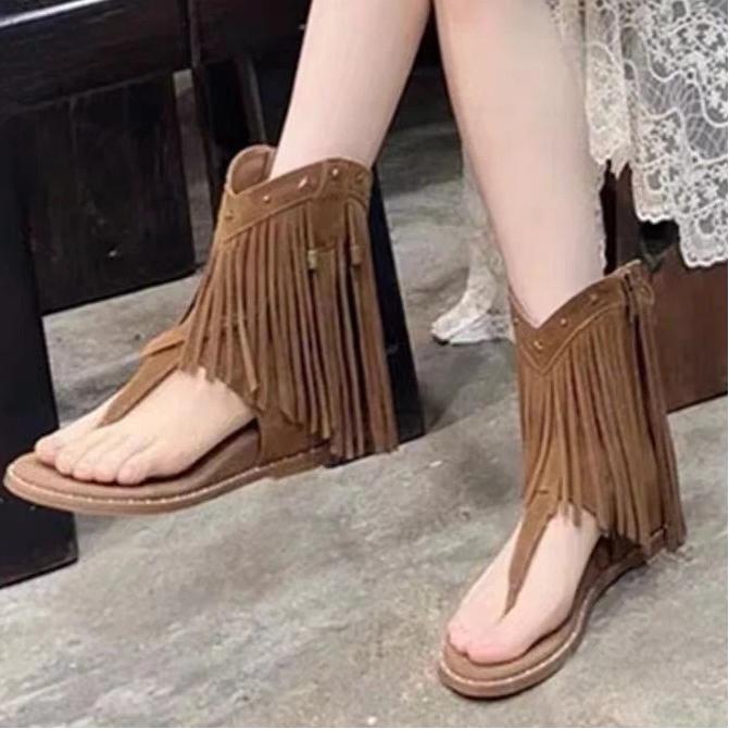 Real Leather Rivet Tassel Cool Boots For Women, With A Height Increasing Slope Heel And Clamped Toe, Summer Bohemian Sandals