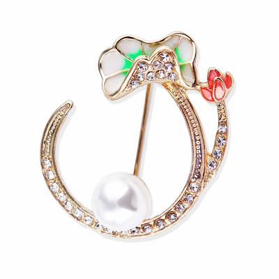 Alloy Lotus Brooch Lotus Moon Pearl Simple Corsage Temperament Fashion Clothing Women Exquisite Hypoallergenic Luxury Enamel Brooch Long-Lasting Color