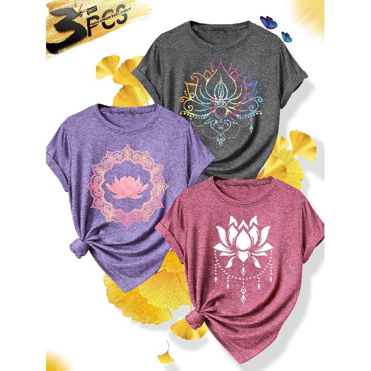 3Elegant style plus-size short-sleeved dress for sister gatherings and parties T Shirt Rainbow gradient lotus print plus-size women s casual sporty 1XL