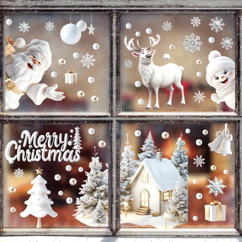 Creative Christmas Window Decals 3D Static Cling Santa Claus Gift Box Snowflake Home Decor Festive Glass Stickers for Holiday