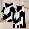 Women Plus Size Black White Printed Round Neck High Low Top And Long Pants Two Piece Set