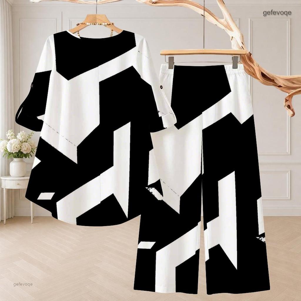 Women Plus Size Black White Printed Round Neck High Low Top And Long Pants Two Piece Set