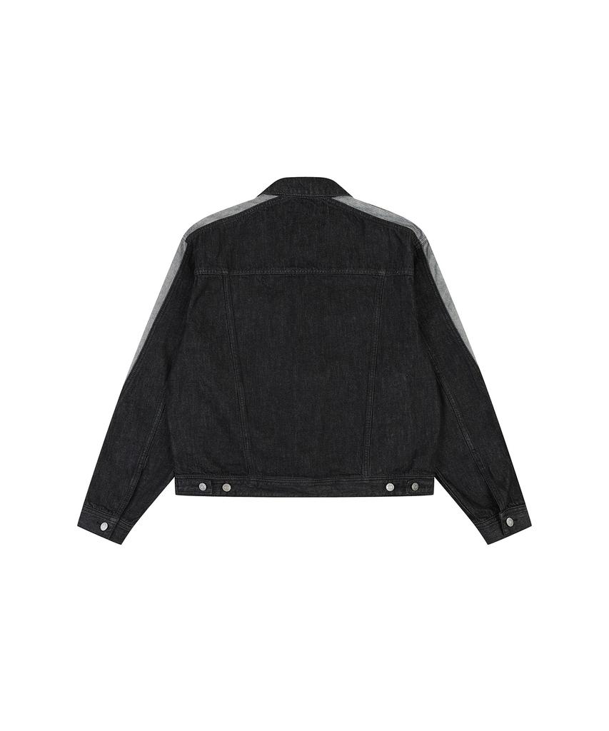 Lab101 Semi-Overfit Curve Line Color Block Denim Jacket (Black)