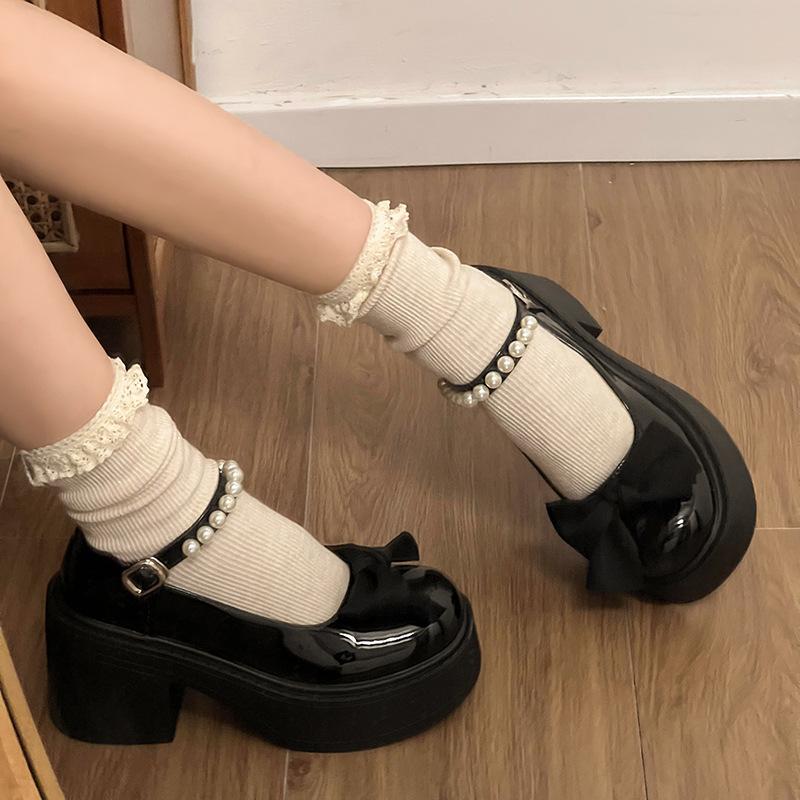 French Mary Jane small leather shoes women's 2025 spring new thick-soled heightening bow with skirt thick heel high heel single shoes