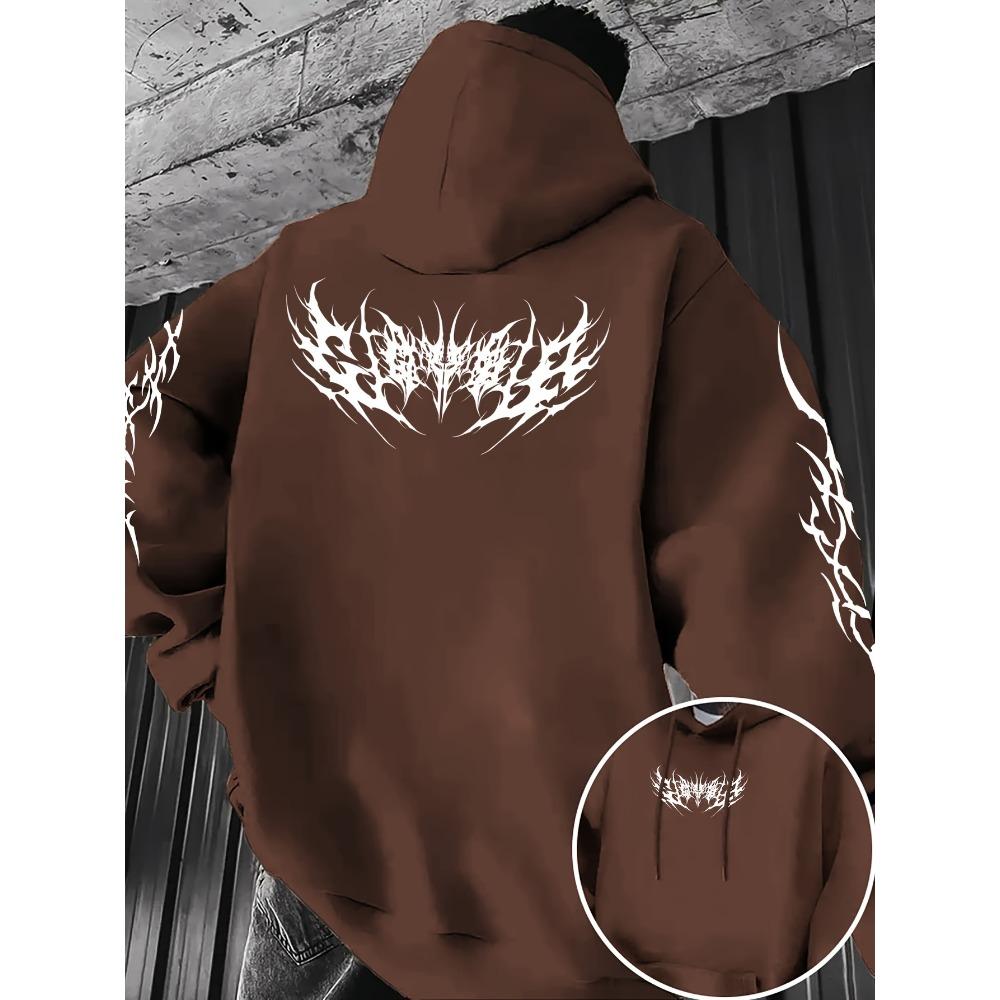 Men's Autumn Winter Fashion Printed Hoodie with Kangaroo Pocket, Drawstring Design, Color Blocked Hoodie