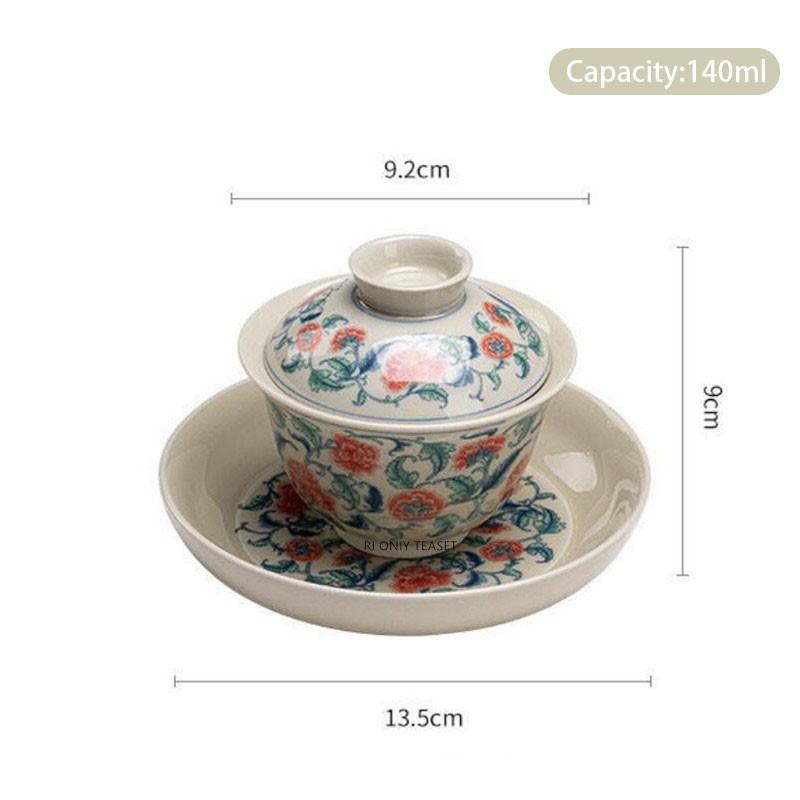 140ml Chinesischer Blau-Weiß-Porzellan-Gaiwan Handgefertigte Blumen Teetasse Keramik Teeterrine Tragbare Teeschale Haushalt Teeset