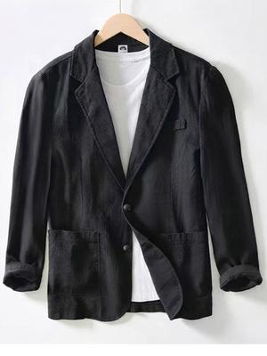 Blazer Leve de Algodão Masculino com Lapela Notchada e Bolsos de Patch - Jaqueta de Terno Casual de Botão Único para Férias de Verão e Uso Diário