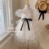 Summer New Girls Fashion White Shining Star Beads Cake Dress Kids Square Neck Bow Evening Dresses