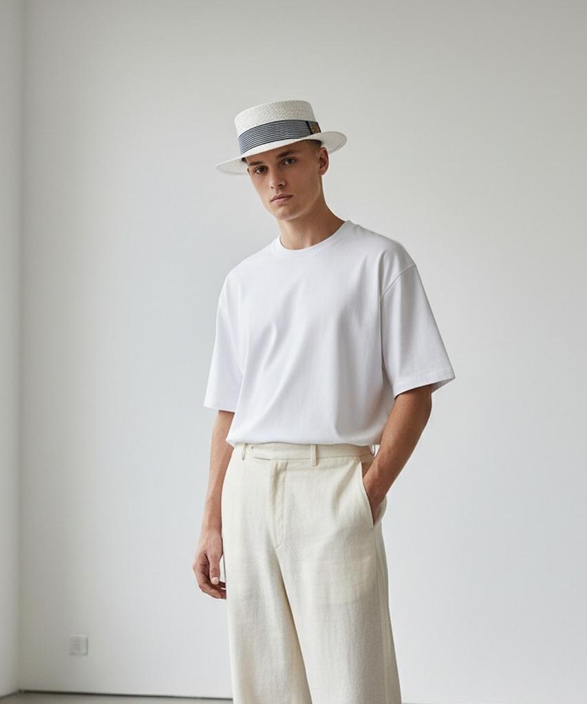 Stripe Line White Short Panama Hat