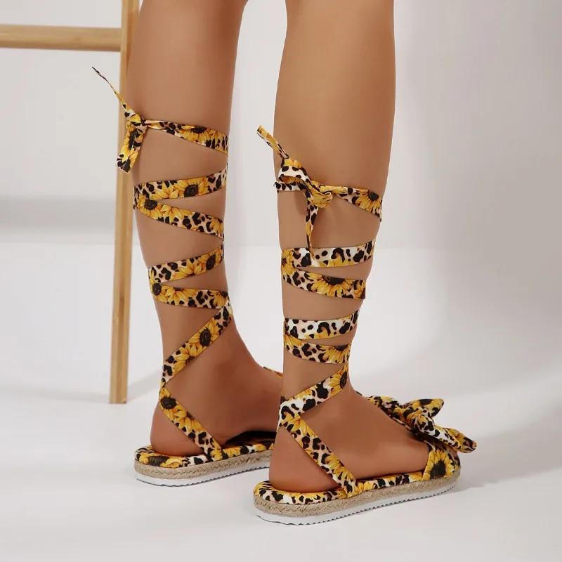 Fashion 2025 Summer New Women's Rome Sandals with Ankle Tie Bow & Leopard Print Flat Shoes Plus Size Ladies Casual Footwear Sandals