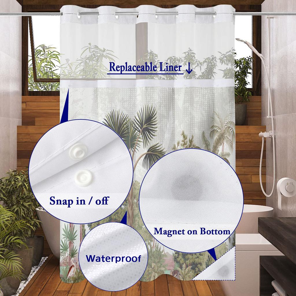 No Hook Plant Pattern Shower Curtain With Snap-in Fabric Liner, Sheer Top Window, Waterproof Double Layer Bathtub Curtain