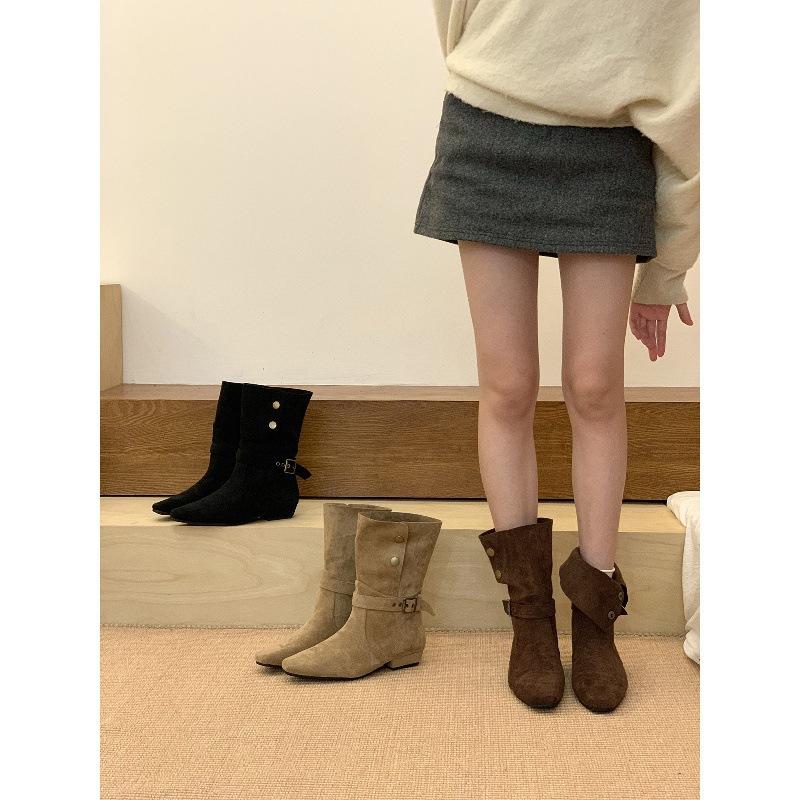 Grove Hak Suede Kleine Blote Laarzen Martin Laarzen Laarzen Riemgesp Twee Manieren te Dragen Omgeslagen Western Middelgrote Laarzen