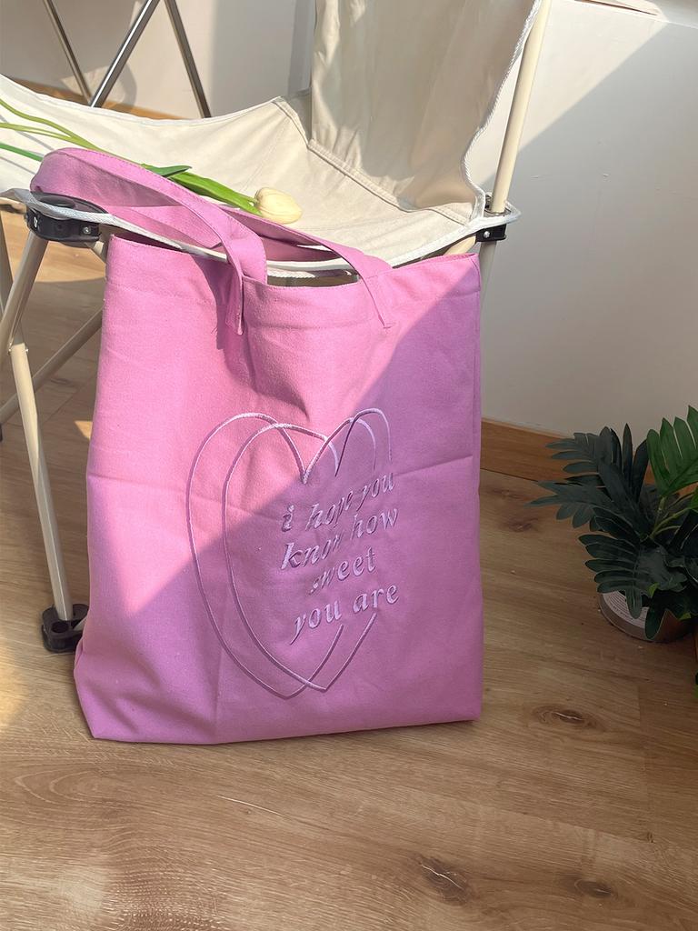 Korean Ins Style Canvas Bag Heart Embroidery Large Capacity Tote Bag For School And Commute Women's Shoulder Bag