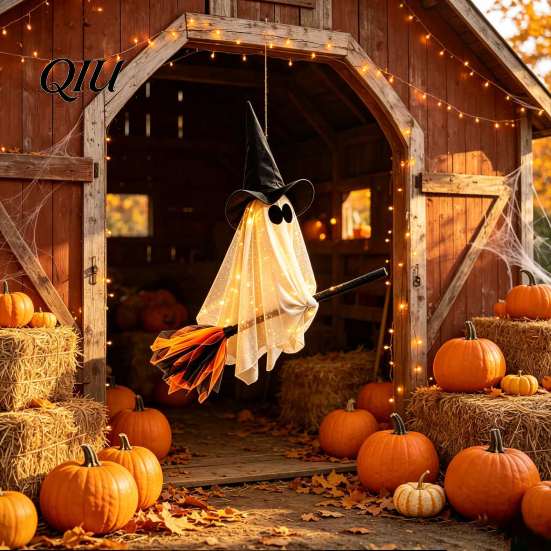 Illuminated Ghost Tree Ornaments Halloween Flying with Witch Broom, Large Lighted Hanging Decoration Indoor Party Wall Decorations Hat for Lawn Patio