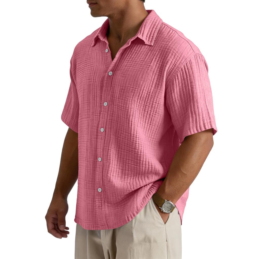 Men’s Loose Fit Casual Cotton Crinkle Texture Shirt Short Sleeve Button Down Collared Top for Everyday Wear