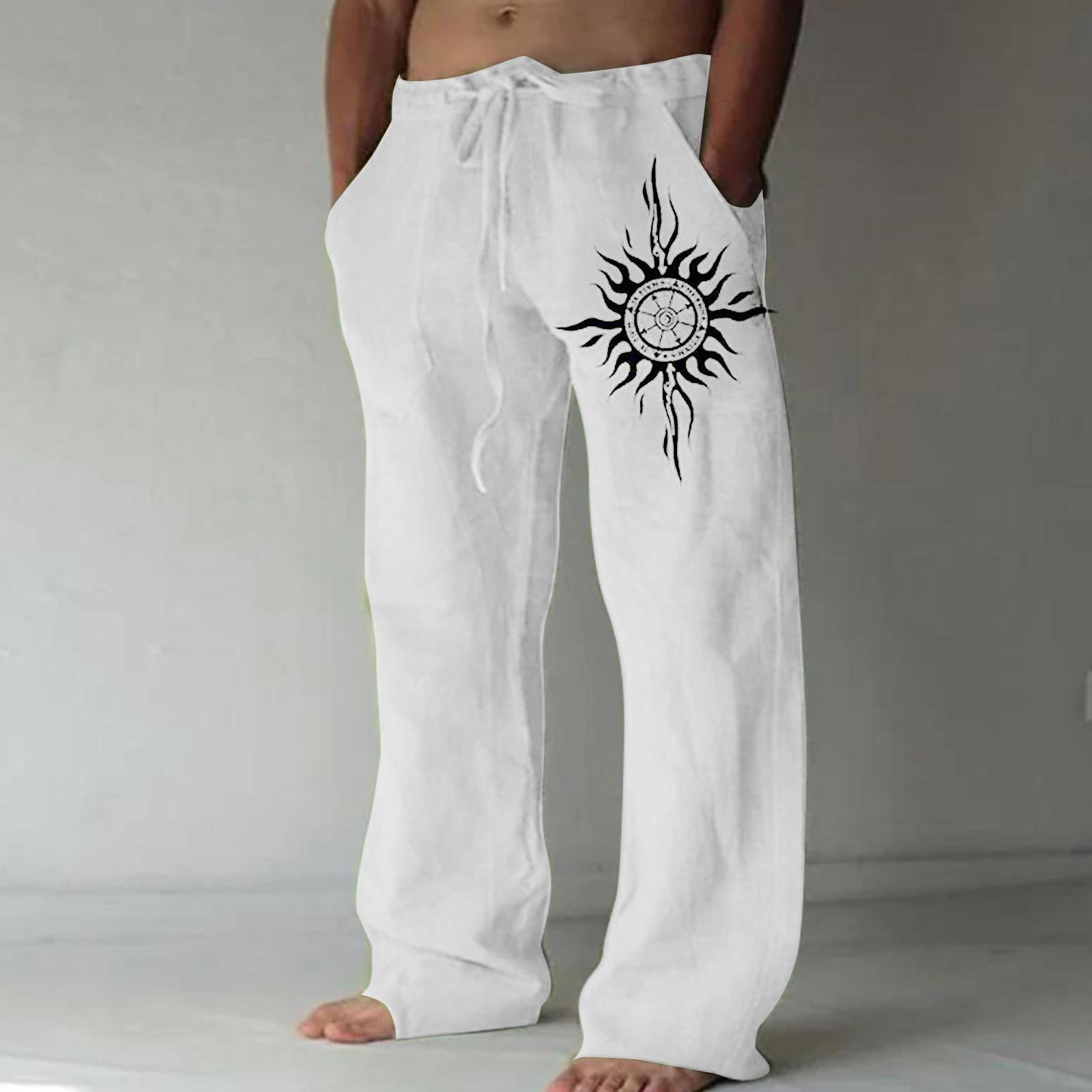 

Мужские свободные повседневные однотонные хлопковые льняные брюки с эластичным галстуком и принтом, прямые брюки XL белый