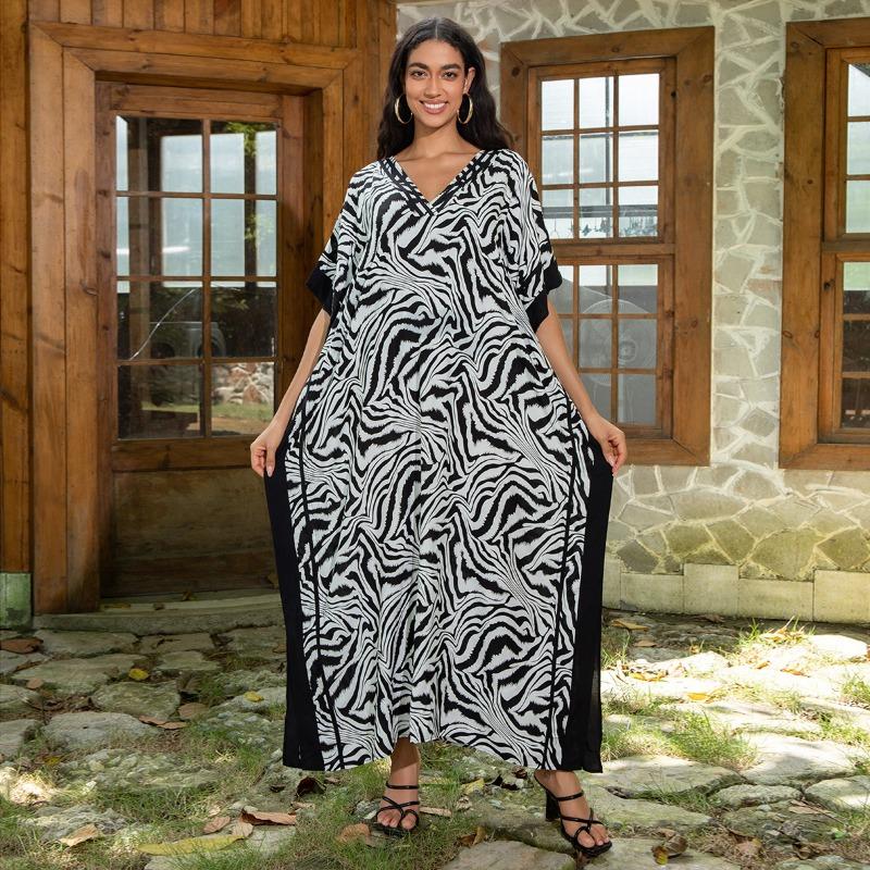 Women's Fashion Summer Spring Solid Color Print 1/2 Sleeves V-Neck Loose Waistline Casual Dresses