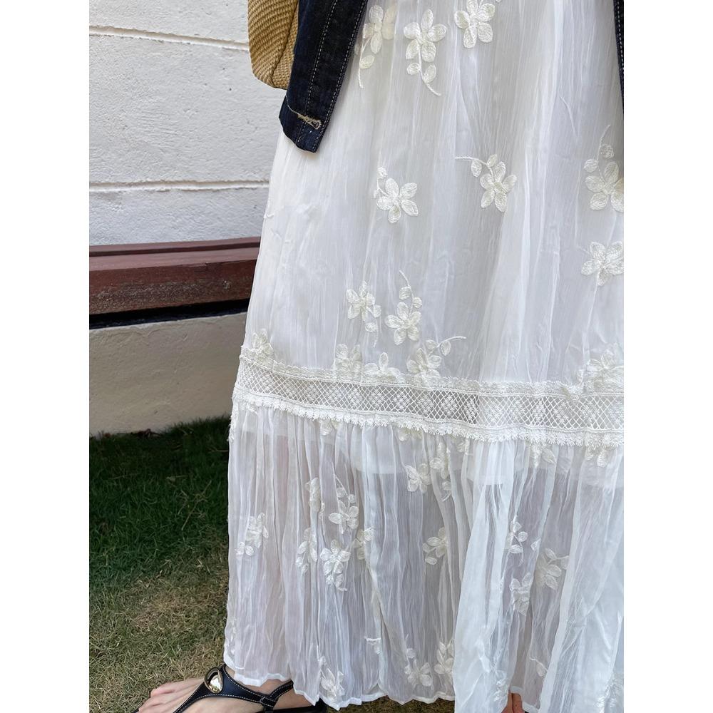 DIMANAF 2025 Summer Women New Skirts Chiffon Lace Solid Elastic Waist Pleated Mesh Elegant Skirts