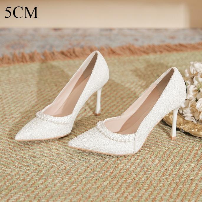 Fashion High Heels Women's New Pearl Lace High Heels Womens Thin Heels Pointed Bridesmaids Solid Color Large Size Wedding Shoes