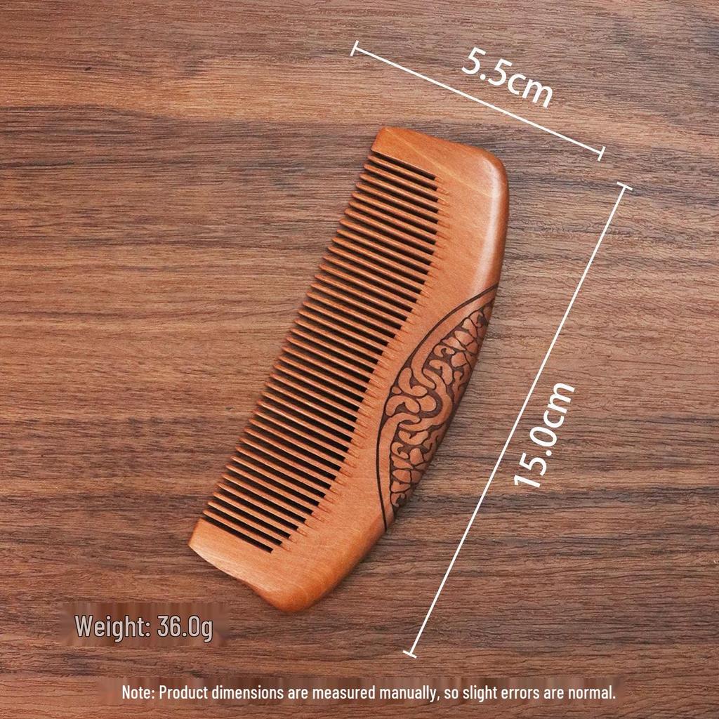 Double-Sided Carved Peach Wood Comb - Dense Teeth, Compact Size, Premium Solid Wood for Hairdressing.