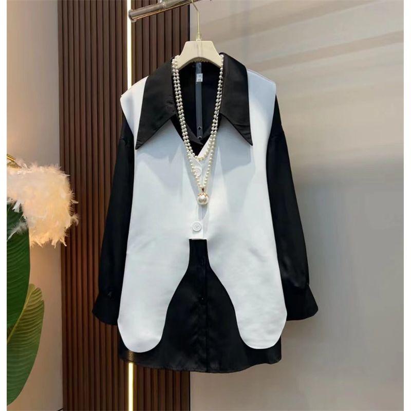 

Мода больших размеров Минималистичный стиль Топ Костюм Женский большой размер Женская Повседневная Приталенная Рубашка Легче всего сочетать Скрывающий живот Комплект из двух предметов с жилетом Black shirt + white vest 2XL