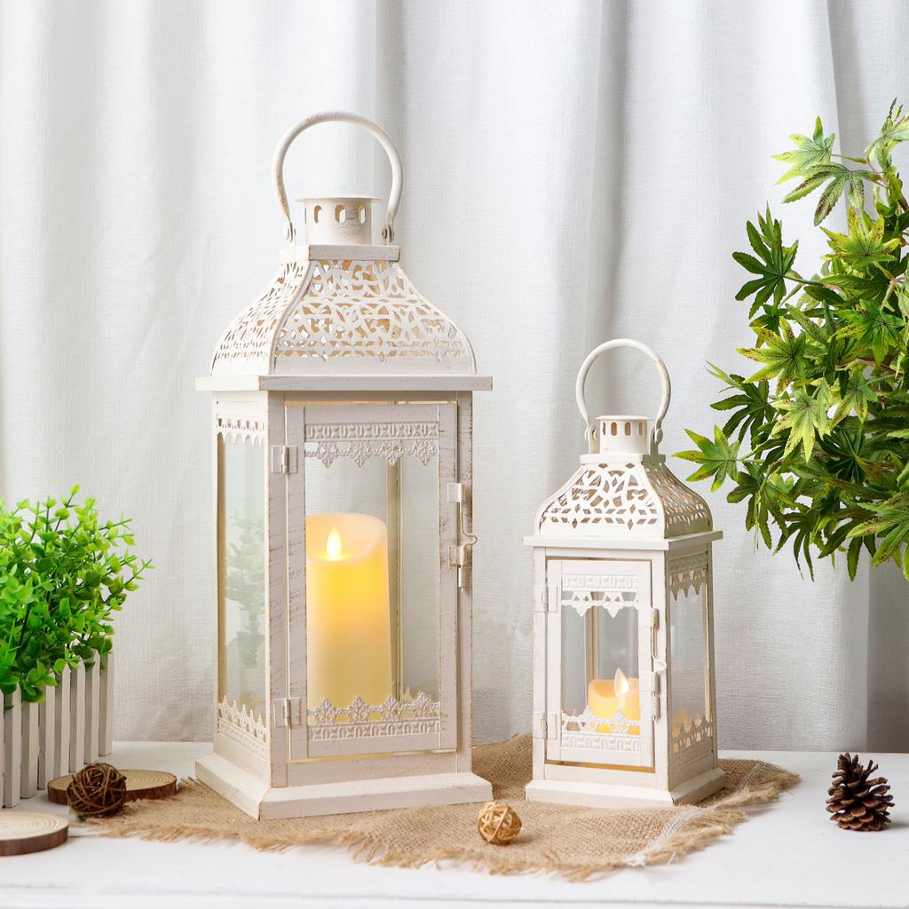 Set of 2 Candle Lanterns Vintage Hanging Lantern Metal Candle Holder for Garden Living Room Parties Weddings Balcony