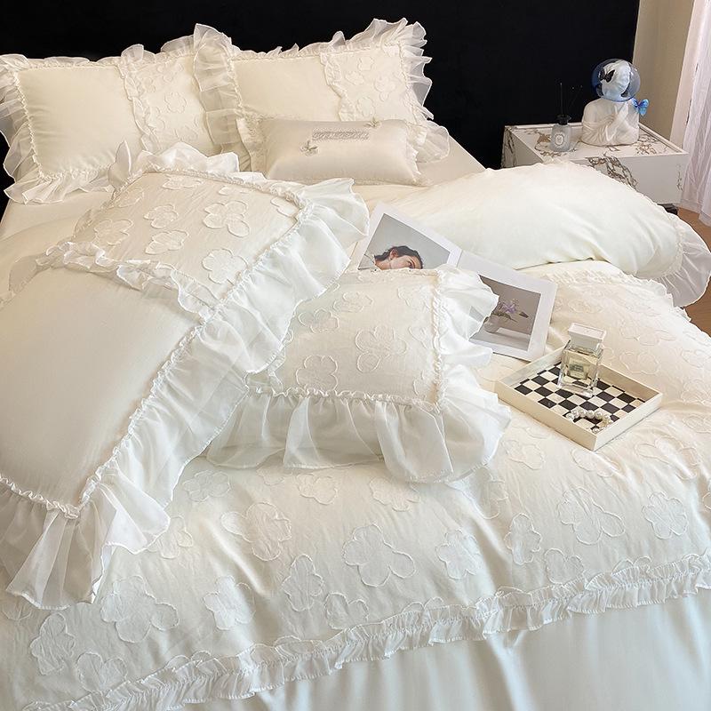 Prinzessinnen-Stil 100er-Zählung Hohe Dichte Weißes Spitzen-Satin Langstapel-Baumwolle 4-teiliges Bettwäsche-Set für Mutter und Baby Klasse A Re Baumwolle