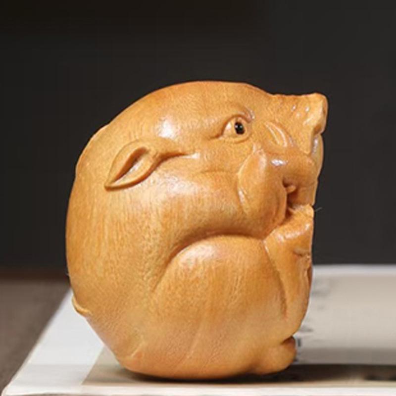 Wild Boar Green Sandalwood & Cypress Carved Ornament - Wooden Cultural Plaything, Size: 5.4×4.5×4