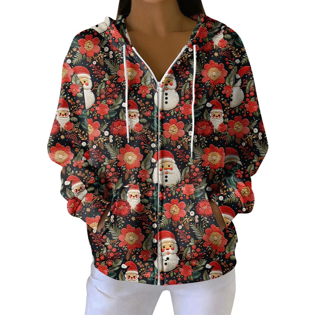 Women's Casual Fashion Long-Sleeved Zip-Up Christmas Print Knitted Hoodie