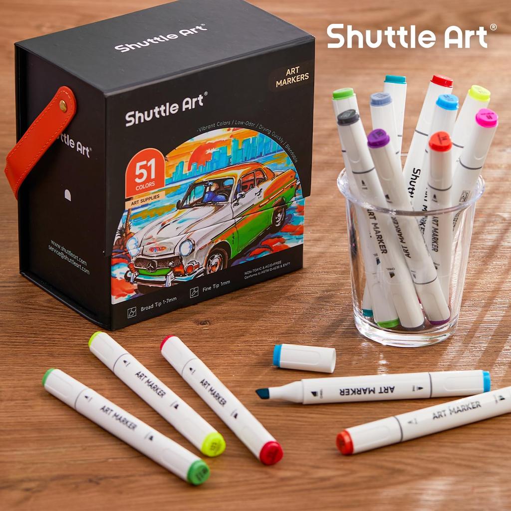 Shuttle Art Illustration Marker with Blender Wide and Fine Carrying Perfect for Coloring and A Great Gift for Adults and 50-Color Set, Oil-Based, Pen,