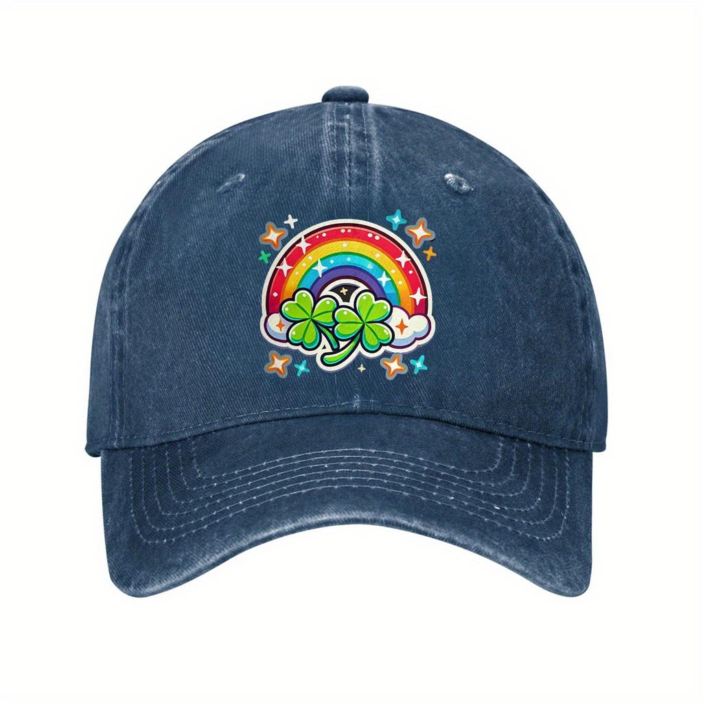 St Patricks Day Rainbow Clover Baseball Cap Distressed Denim Graphic Print Casual Adjustable Hat