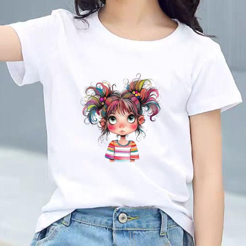 Kids Cotton T Shirt Bright Rainbow Hair Girl Watercolor Print Crew Neck Short Sleeve Tee Casual Boys Girls Summer Tops