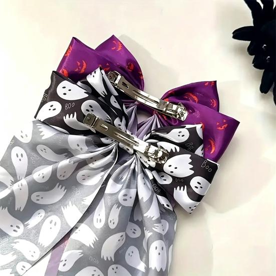 Halloween Decorative Clip Silky Satin Hair Bows for Women, Big Ribbon Bow Clips Girls, Hairstyle Accessory Oversized Long Tail Barrettes,
