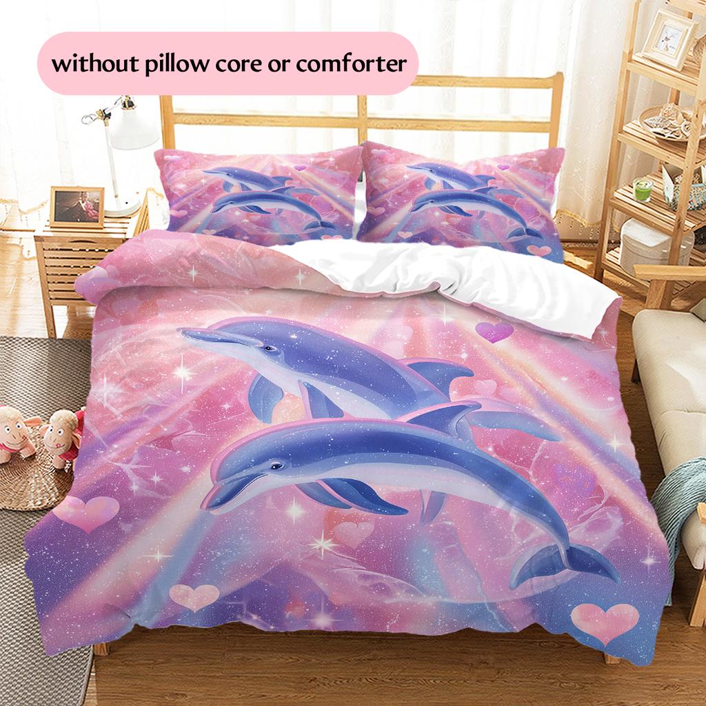 Kreslené Barevné Delfíní Vzor Povlečení Domácí Dekorace Narozeninový Dárek (1 * povlak na peřinu + 2 * povlak na polštář, bez jádra)