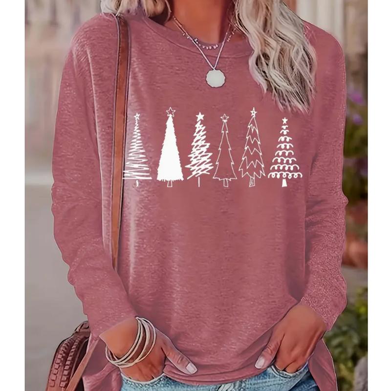 

2025 Autumn & Winter Women s New Casual Crew Neck Long Sleeve Top 3D Tree Pattern XS красный