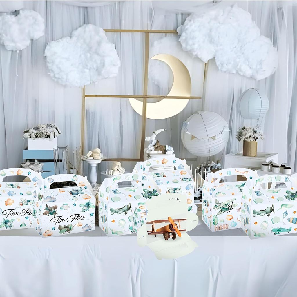 12 PCS Airplane Party Treat Boxes Birthday Decorations Plane Themed Party Favor Gift Box Bags Goodie Candy for Time Flies 1st Birthday Baby Shower