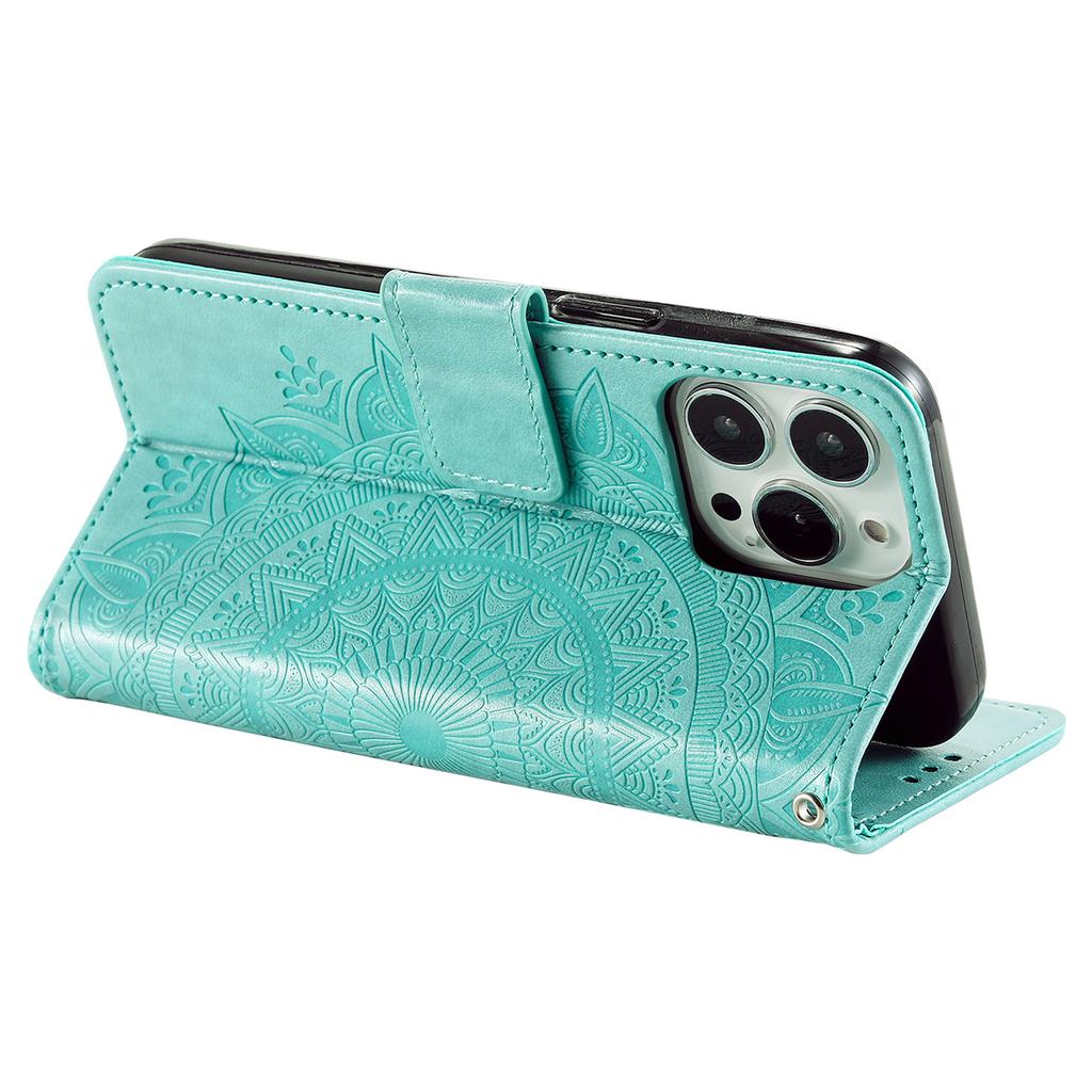 For iPhone 15 Pro Flip Phone Case PU Leather Mandala Flower Imprint Stand Wallet Cover with Strap
