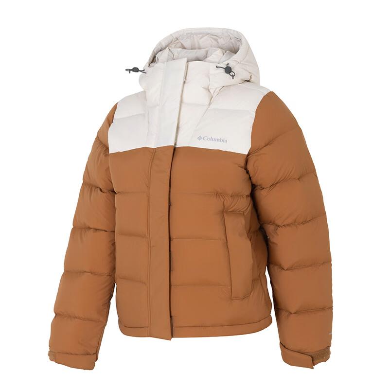 Columbia Omni-Heat Logo Pattern Color Block Zipper Hooded Warm Puffer Jacket Women outerwear White Brown WR9464-224