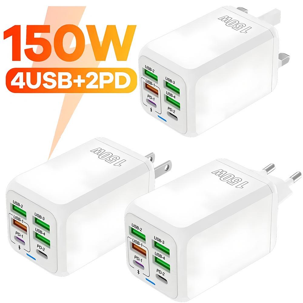 150W 6 Ports USB Charger PD Fast Charging Charger Wall Adapter EU Plug Charger Quick Charge 3.0 Multi Ports Power Adapter