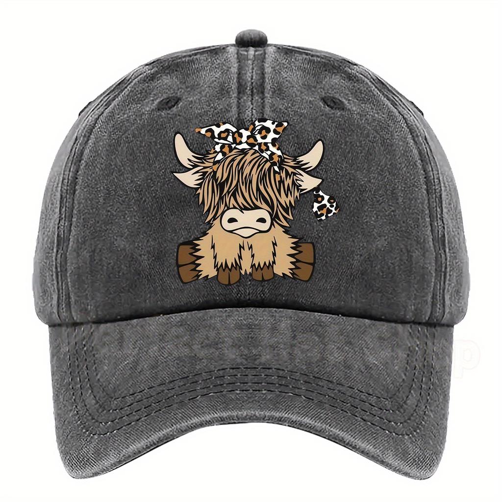 Süße Hochlandkuh Leopardenmuster Baseballkappe Lässig Verstellbar Polyester Sonnenschutz Outdoor-Kappe