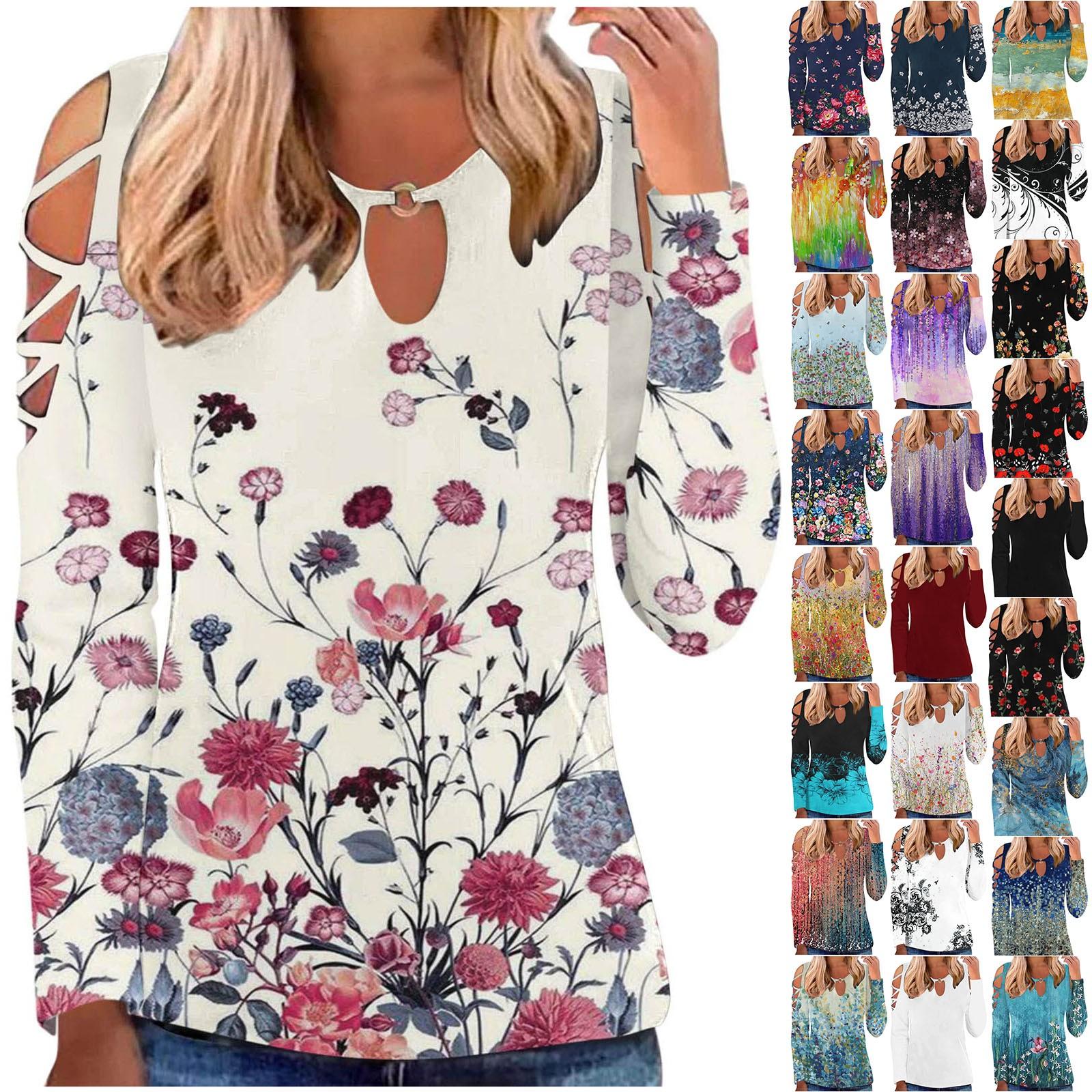 

Женские топы Нарядные повседневные рубашки с длинным рукавом с круглым вырезом и принтом Повседневные туники Блузки Топы