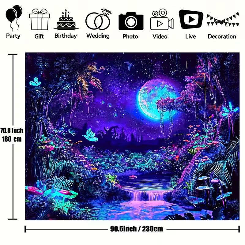 2D Blacklight Trippy Forest Tapestry Galaxy Moon Waterfall Glow In the Dark Wall Hanging