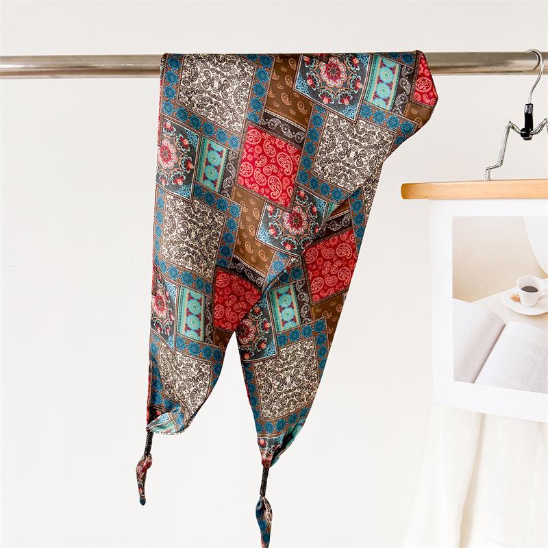 Imitation Silk Scarves For Women Thin Diamond-shaped Scarf Retro Bandanas Luxury Hijab Neckerchief Elegant Shawl Wraps